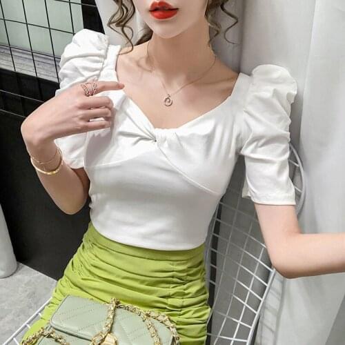 Cotton T Shirt Women Summer 2021 Puff Short Sleeve Plus Size Ladies Basic Tshirts Slim Fashion Elegant Tee Streetwear Tops 142