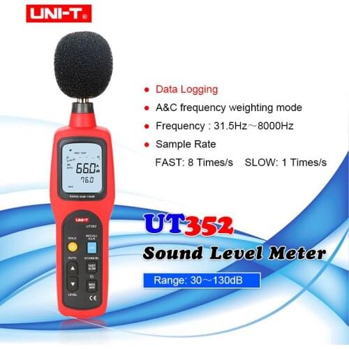 UNI-T UT352 LCD Sound Level Meter Noise Tester 30-130dB Frequency 31.5-8000Hz A&C Frequency Weighting MAX/MIN/Data Logging