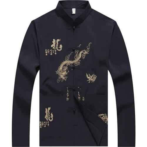 New Year Dragon Suit for Men Traditional Chinese Style Dragon Embroidery Long Sleeve Silk Tang Suit China Top Fashion Clothing