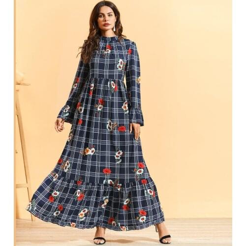 Muslim dress Blue Plaid Printed Trumpet Long Sleeve Fashion Womens Pleated Bohemian Long Skirt Abaya Dubai Dresses