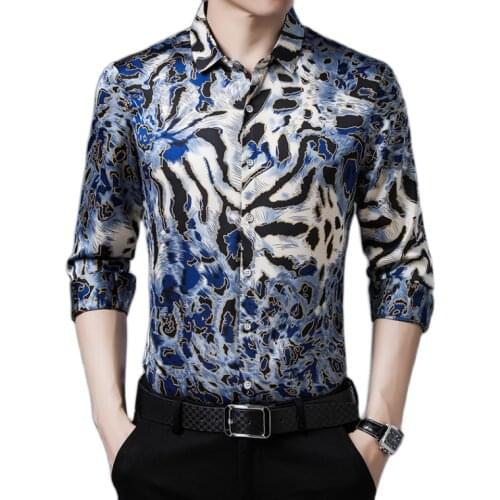 New 2020 Male Leopard Silk Shirts Long Sleeve Man Fashion Printing Silk Clothes Casual Satin Silk Dress Shirts Free Shipping