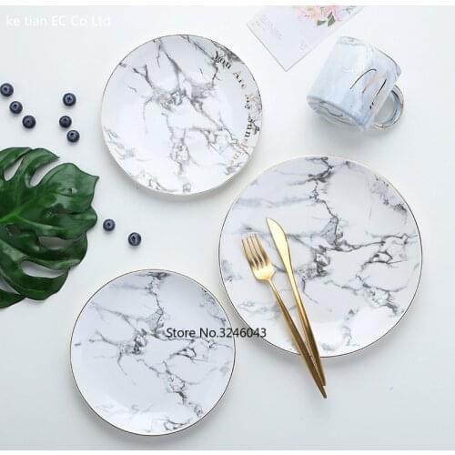 European Style Marble Plates Ceramic Dinner Set Gold Inlay Porcelain Dessert Plate Steak Salad Snack Cake Plates Tableware
