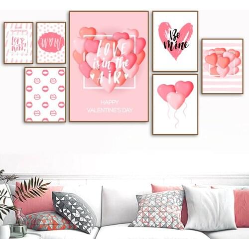 Pink Kiss Heart Balloon Wall Pictures Wall Art Canvas Painting Nordic Chic Posters For Valentines Day Bedroom Decoration