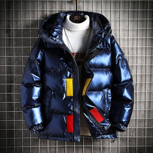 2021 Autumn and Winter Mens New Glossy Stand-up Collar Cotton-Padded Clothes Youth Hooded Thick Warm down Cotton-Padded Jacket