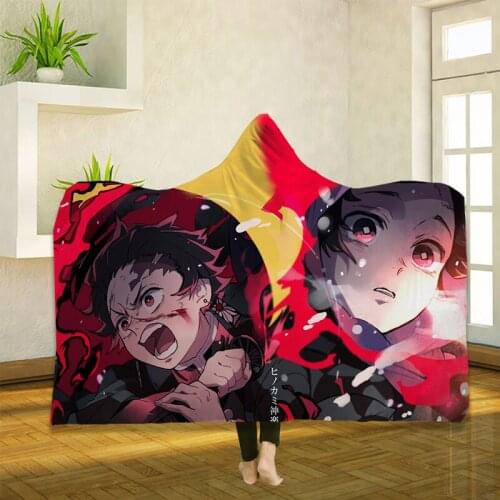 Anime Demon Slayer 3D Printing Throw Hooded Blanket Wearable Warm Fleece Bedding Office Quilts Soft Adults Travel 07