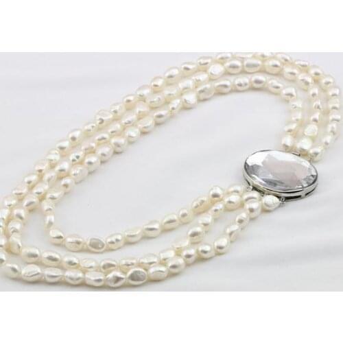 White Color Natural Freshwater Pearl Necklace,AA 8-9mm Rice Baroque 3 Rows Pearls Jewelry,Mothers Bridesmaids Gift