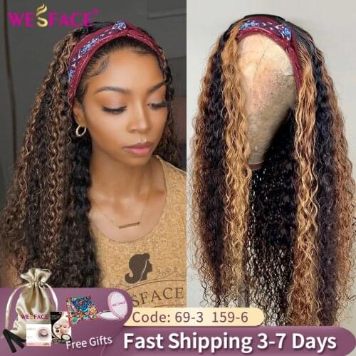 Headband Wigs Highlight curly human remy hair blonde wigs non lace full machine made scarf wigs glueless kinky wigs band wig