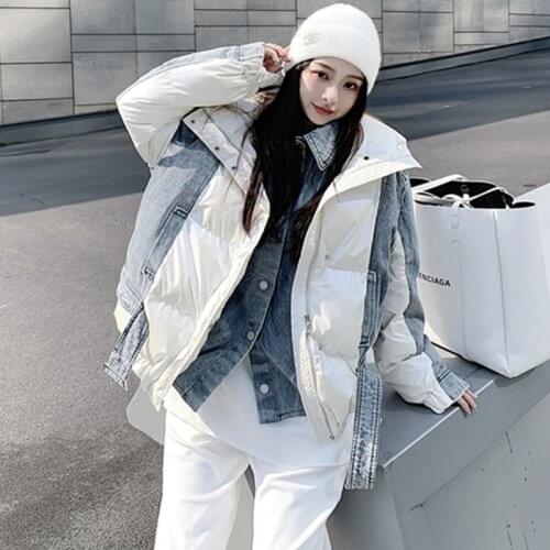 High-end Denim Stitching Down Jacket Women Winter Thick Parkas Short Loose White duck Down Coat Warm Female Outerwear Streetwear