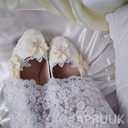 Champagne flower party pumps shoes woman handmade plus size handmade lace flower bridal brides wedding pumps shoes