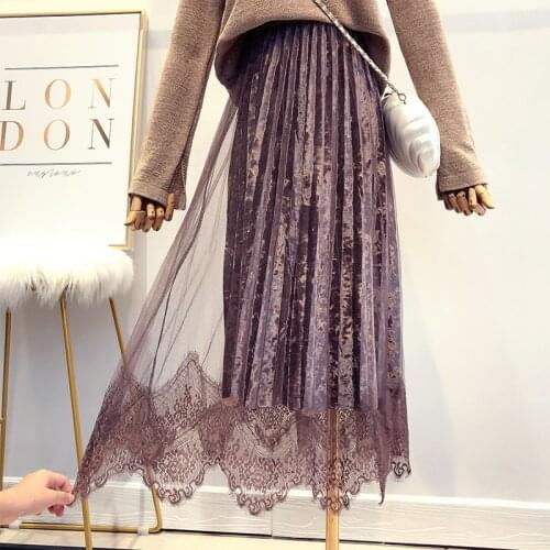 WEIHAOBANG 2021 New Spring Women Super Fairy Lace Spliced Velvet Skirt Winter High Quality Elegant Tulle Long Pleated Skirt