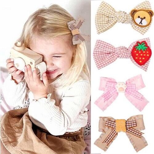 2pcs Boutique Plaid Bow Girls Hair Clip Embroidery Bear Strawberry Hairpins Double Layer Grosgrain Barrette Kid Hair Accessories