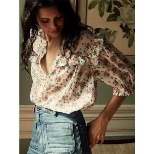Ruffle Blouse Femme Floral Print Manches Bouffantes Short Sleeve Round Collar Shirt Vintage Chic 2021 Vintage Top Shirts