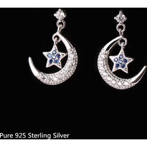Buyee Fashion Women Stud Earring Moon Pentagram Star Small Blue Crytal 925 Sterling Silver Wedding Earring for Women Jewelry