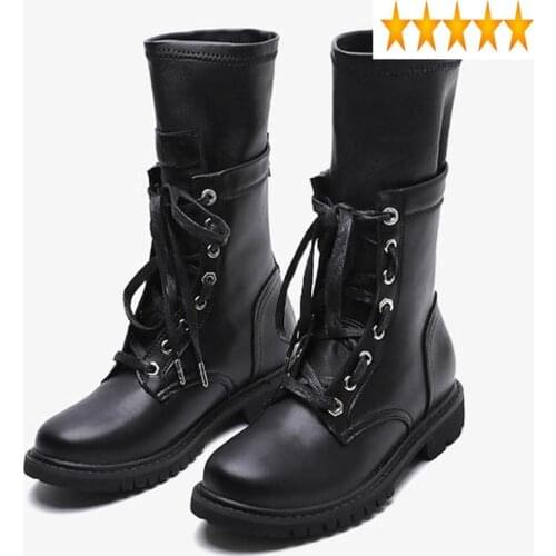 Zipper Stretch Womens Leather Motorcycle Mid Calf Hig Street British Lace Up Round Toe Thick Bottom Female Platform Boots