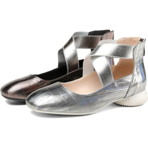 Silver Grey Oxfords Shoes Women Genuine Leather Cuban Low Heels Ankle Boots Female Square Toe Platform Pumps Shoes Casual Shoes