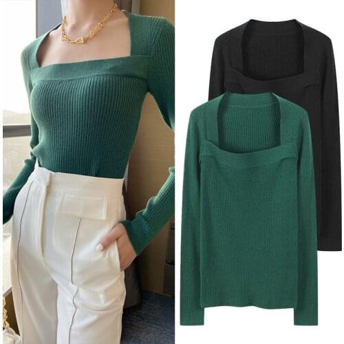2020 spring autumn women designer vintage square collar knitted sweaters female long sleeve slim bottom sweater JC478