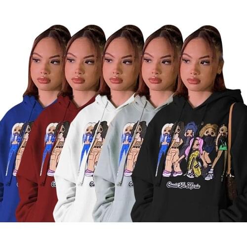 Autumn 2021 Hooded Long Sleeve Pocket Casual Cartoon Print Womens 5-Color Pullover