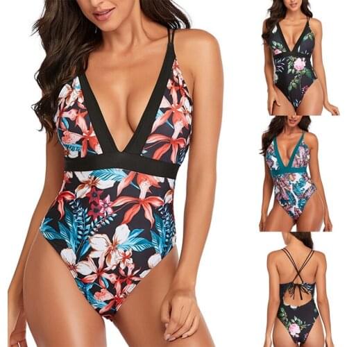 Womens Floral Print Stitching One-Piece Swimsuit Belly-Up V-Neck Swimsuit