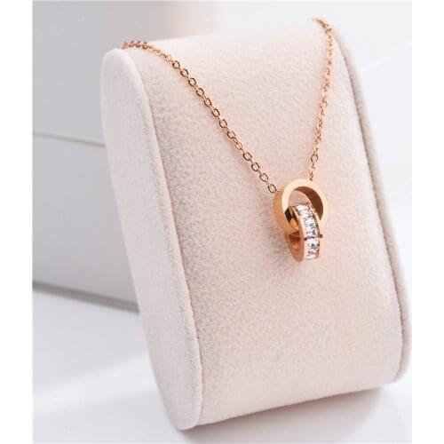 Korean Style Zircon Inlaid Double Loops Cross Pendant Necklaces For Women Fashion Stainless Steel Ladies Jewelry Female Gift