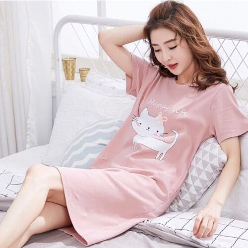 2020 Summer Night Dress Women Plus Size Nightgown Cartoon Print Sleepshirts Short-sleeves Nightie Nightdress Cotton Sleepwear
