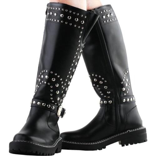 SHOW STORY Retro Black Studs Buckle Strap Knee High Combat Boots