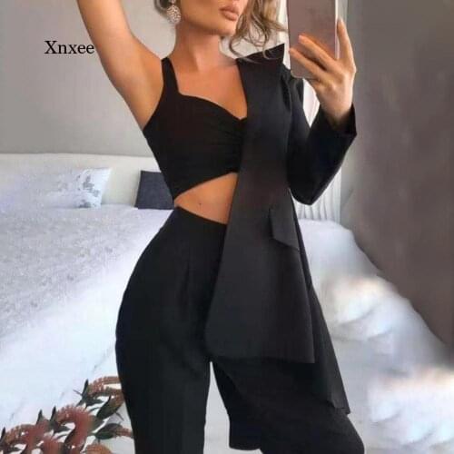 Blazer 3Pcs Set Women Turndown Collar Coat Pant Top Suits Summer Single Button Sling Breathable Office Jacket Dress Outfits