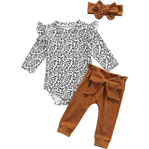 0-24M Newborn Baby Girl Long Sleeve Leopard Bodysuit Tops Bow Long Pant Headband 3PCS Autumn Clothes Set