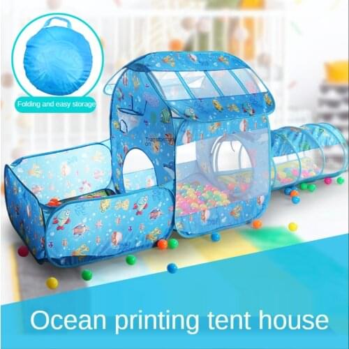 Childrens Indoor Crawling Folding Ocean Printing Two-in-one Play House Tunnel Tent Throwing Basketball Pool Baby Toy