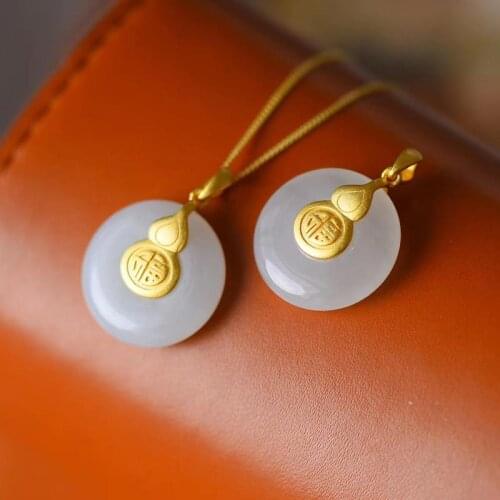 Natural Hetian White Jade Gourd Safety Chain Pendant S925 Sterling Silver Gilding Ancient Gold Craft Classic Ornament for Women