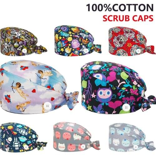 Pure Cotton Surgicals Hat Unisex Anime Printing Bandage Nursing Sanitary Hats Sweatband Beauty Salon Dentist Working Scrubs Caps