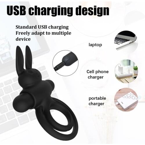 Rabbit Shape Vibrate Penis Delay Ring Vibrator Clitoris Stimulate USB Rechargeable Medical Silicone Sexy Toys for Adults