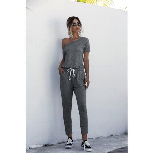 Women Summer Solid Color Jumpsuits Drawstring Design Pockets Decor Oblique Collar Short Sleeve Mid Waist Slim Jumpsuits Fashion