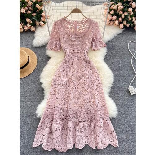 Summer Women Hollow Out Midi Dress Vintage Pink/White/Blue/Black O-Neck Short Sleeve High Waist Vestidos Female Party Robe 2021