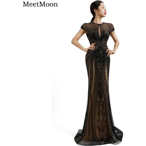 MeetMoon Evening Dress 2020 Luxury Dubai Full Diamond Beading Black Cap Sleeves Mermaid Long Formal Pageant Party Gown ME014
