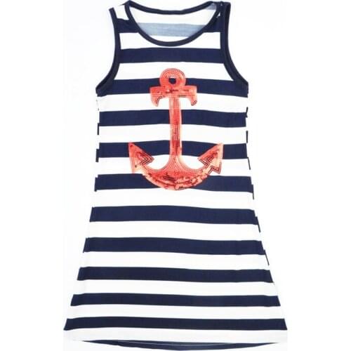 Fashion Navy Blue Kids Girls Red Sequins Anchor Maxi Stripes Dress Summer Boho cute Sundress