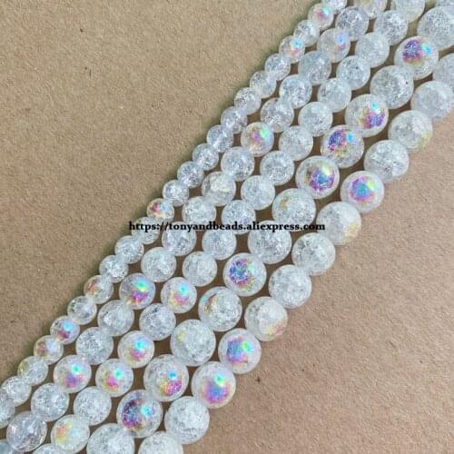 Natural Stone Half AB Shining White Snow Cracked Crystal Round Loose Beads 15" 4 6 8 10 12MM Pick Size For Jewelry Making DIY