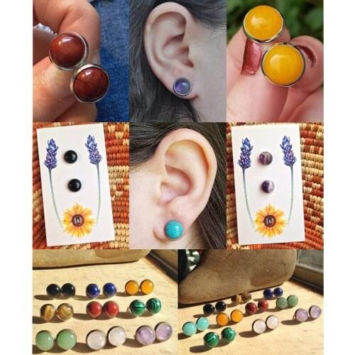 Natural Stone Earrings for Women Handmade Bohemian Ear Studs Jewelry Gift Crystal Moonstone Tigereye Opal