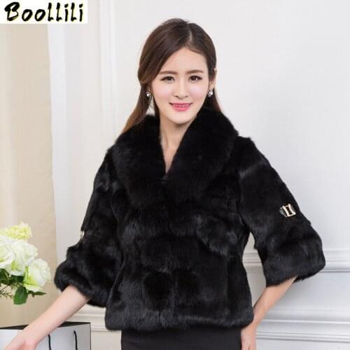 Boollili 2020 New Natural Fox Fur Collar Real Fur Coat Female Full Pelt Rabbit Fur Coats Women Winter Warm Jacket Overcoat
