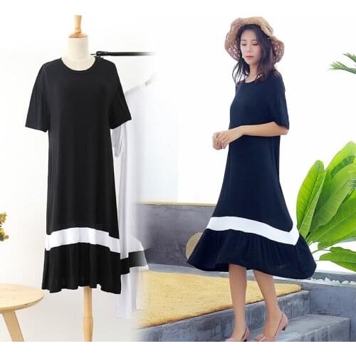 2019 Summer New Modal Short-sleeved Loose Dress Splicing Wild Plus Size Long Dress A Word Dress Women