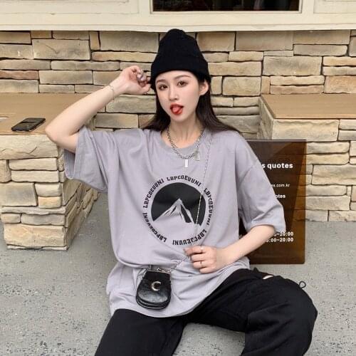 2021 summer new Korean version of loose mid-length snow mountain print short-sleeved T-shirt men and women the same ins tide