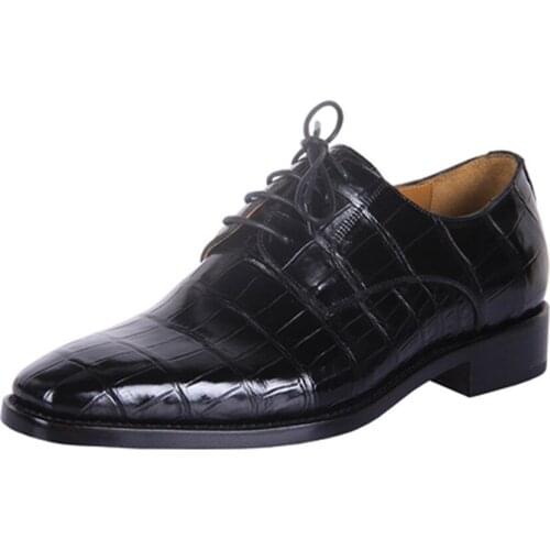 Hulangzhishi new crocodile Men dress shoes Pure manual lace-up Single shoes black male business male formal shoes