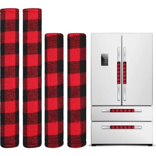 Practical 4 Pieces Christmas Refrigerator Door Handle Cover Kitchen Microwave Oven Dishwasher Handle Cover Red and Black Plaid