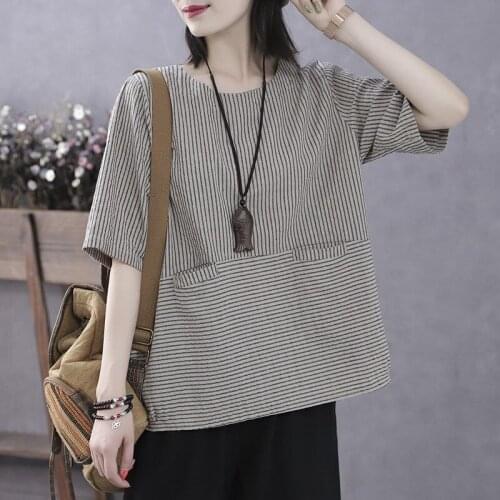 Retro Summer Cotton Vertical Striped T-shirt Womens Short-sleeved Loose Casual Plus Size Solid Color Womens Cotton T-shirt