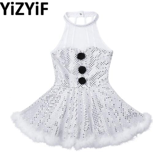 Girls Christmas Snowman Dancewear Mesh Splice Sleeveless Halter Neck Sequins Figure Skating Stage Perfoemance Twirling Dress