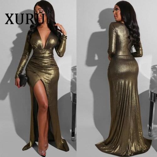 XURU European and American Burst Long-sleeved Sexy Dress Pit Strip Bronzing Irregular Long Dress