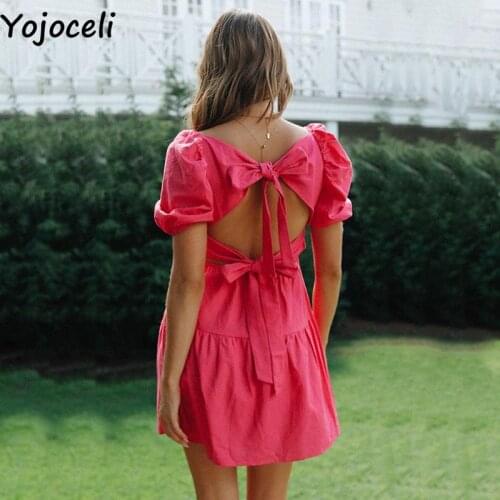 Yojoceli Sexy bow ruffle women summer dress Casual daily sweet dress Cool fashion pink short female dress vestidos