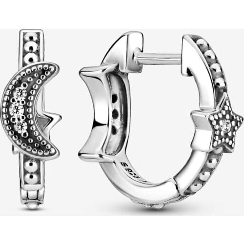 Hot Fashion 100% 925 Sterling Silver Crescent Moon Star Brilliant Beaded Hook Earrings Authentic Original Jewelry