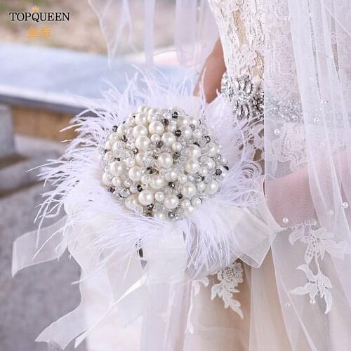 TOPQUEEN HF03 100% Handmade Wedding Bouquet Feathers Pearls Simulation Flowers Wedding Gift Marriage Holding Flower Bling