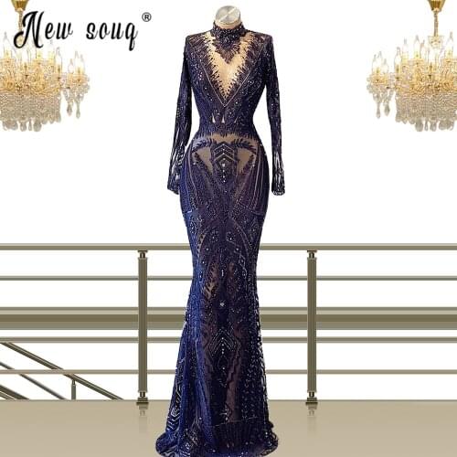 Navy Blue Mermaid Evening Dress Muslim High Neck Long Sleeve Rhinestones Lace Prom Party Dresses Birthday Party Wear