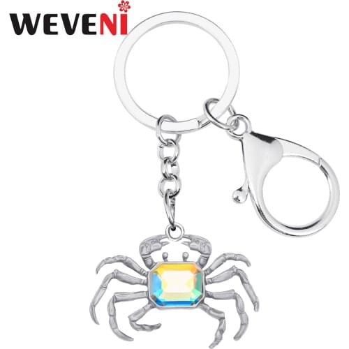 WEVENI Crystal Alloy Antique Gold Plated Crab Keychains Cute Animal Key Ring Jewelry For Women Teens Kid Novelty Gift Bag Charms
